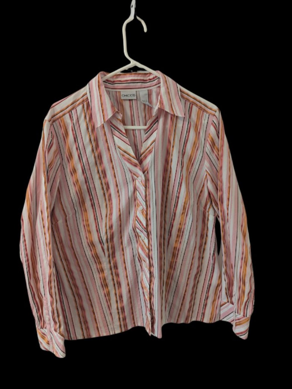 Chico's Size 3 Pink Orange Metallic Stripe Button Front Shirt Stretch Cotton